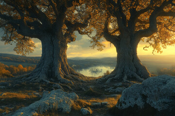 Poster - A pair of ancient oaks, the Forest Sentinels, standing at the entrance to a hidden grove, their roots intertwined,