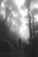 Fototapete - A forest shrouded in mist, with shadowy figures of the Forest Sentinels guarding the secrets within,