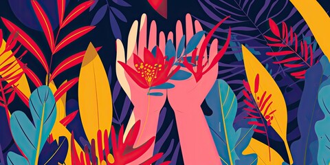 Wall Mural - Colorful abstract floral and hand illustration.