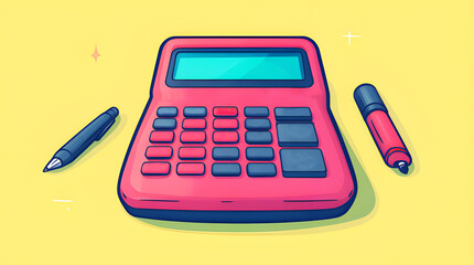 Pink calculator icon cartoon pen placed on side Illustration on yellow background. Financial management, budget and earnings business money. Math device calculate. Income accounting finance tax.