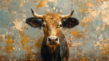 a picture of a cow with white and brown spots standing in a field of yellow flowers.