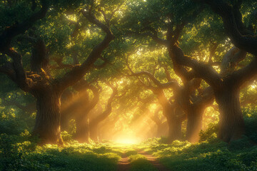 Poster - A mystical scene where the wind carries the whispers of the forest through a canopy of ancient oaks,