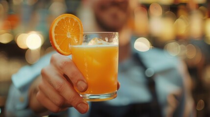 Bar tender holding a glass of juice and fresh orange fruit closeup view on table in a restaurant bar