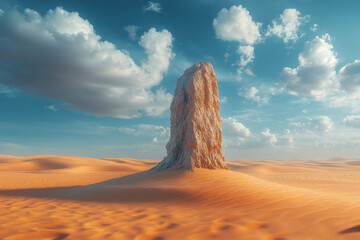 a sentinel made of swirling, vivid sand, standing tall in the middle of a desert, its form constantl