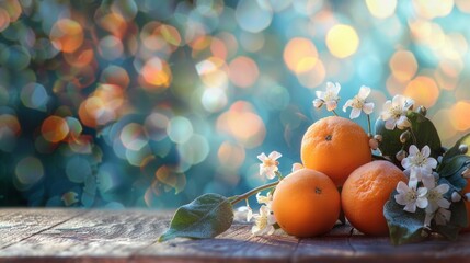 Fresh orange fruit on table with bokeh background