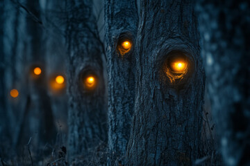 Poster - A twilight scene where the Forest Sentinels, tall trees with glowing eyes, keep watch over the sleeping woodland,