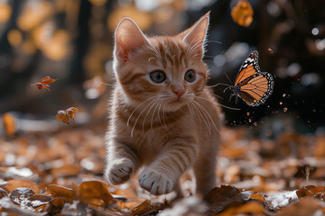 Wall Mural - A kitten playfully chasing after a butterfly, its wide eyes filled with innocent wonder,