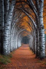 Fototapete - A quiet forest path where the Forest Sentinels, towering birches, form a natural archway with their intertwined branches,