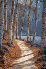 Poster - A quiet forest path where the Forest Sentinels, towering birches, form a natural archway with their intertwined branches,