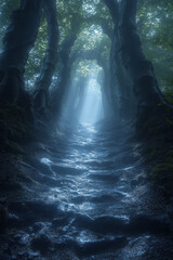 Poster - A secret grove where the Forest Sentinels, ancient tree spirits, manifest as glowing, ethereal figures among the trees,