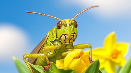 A green grasshopper is standing on a yellow flower. The grasshopper is looking at the camera