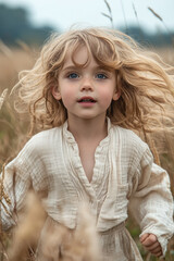 Wall Mural - A child running through a field of tall grass, the wind in their hair and innocent wonder in their heart,