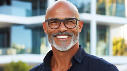 Canvas Print - A man with glasses and a beard is smiling. He is wearing a blue shirt and a black tie