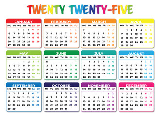 Sticker - 2025 Monday Start Landscape Color Calendar. 2025 Monday Start Horizontal Colorful Calendar Template
Simple calendar for year 2025 isolated on white background. Vector illustration.