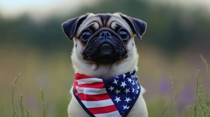 Wall Mural - patriotic pug dog wearing stars and stripes bandana playful expression