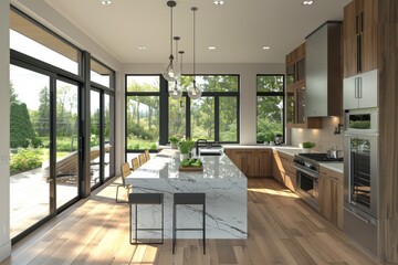 Poster - Modern Kitchen with Island and Large Windows