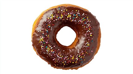 A delicious donut with chocolate glaze and colored sprinkles, on a white background