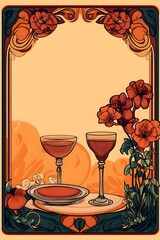 Art Nouveau floral frame with two glasses of wine and a plate.