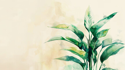 Watercolor Painting tropical ti plant in wet-on-wet style, smooth transitions, light beige background