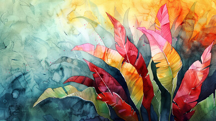 Watercolor Painting tropical ti plant using layering (glazing), deep hues, textured paper background