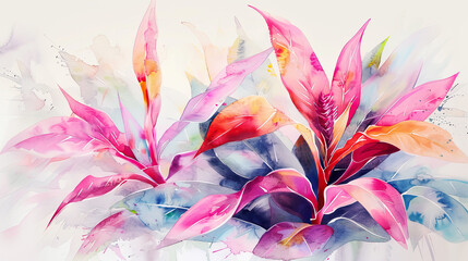 Watercolor Painting tropical ti plant with feathering, smooth and delicate edges, light background