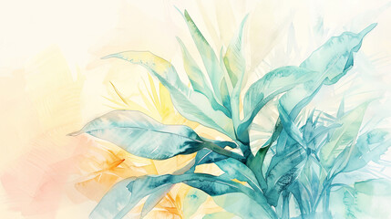 Watercolor Painting tropical ti plant with gradient washes, soft and dreamy transitions, soft background