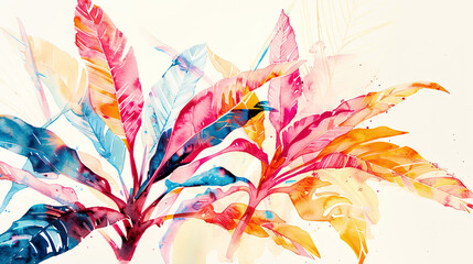 Watercolor Painting tropical ti plant with ink and wash combination, intricate and colorful, light background