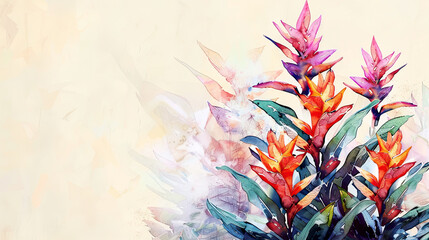 Watercolor Painting tropical ti plant with negative space, bold flowers against a soft background, light beige