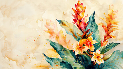 Watercolor Painting tropical ti plant with negative space, vibrant flowers against a soft background, light beige