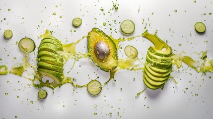 Fresh avocado fruit with water splash closeup view