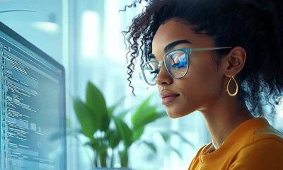 A woman IT specialist works at a monitor in the office