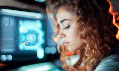 A woman IT specialist works at a monitor in the office