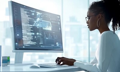 A woman IT specialist works at a monitor in the office