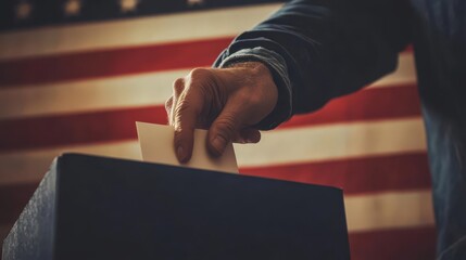 Wall Mural - patriotic voting scene hand inserting ballot into box american flag backdrop