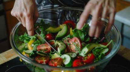 Hands making a salad dish with fresh avocado vegetable fruit closeup view