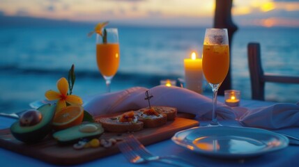 Wall Mural - Luxury meal on table with sea at dusk with candle