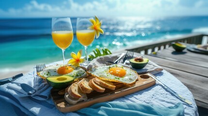 Wall Mural - Luxury meal on table with sea