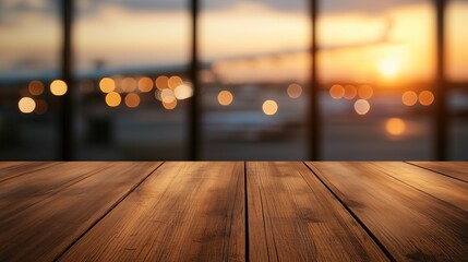 Wall Mural - Empty wooden table with blurred airport in the background