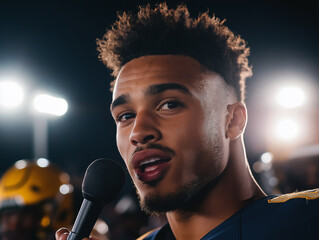 Close-up of a young male athlete giving an interview after a football game, holding a microphone, with stadium lights in the background.