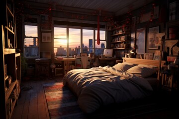 Wall Mural - Cozy Bedroom with City View at Sunset