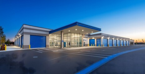 blue and white self storage facility with blue doors, clean, photo realistic, professional photography, beautiful lighting, wide angle lens, wide shot of entire building,