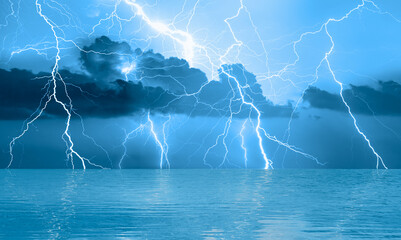 Poster - Lightning storm over sea at night