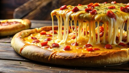 Golden melted cheese stretches and oozes from a freshly baked, hot, and delicious homemade pizza, revealing a crispy crust and savory toppings underneath.