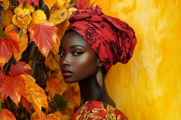 Wall Mural - Woman with a yellow headwrap surrounded by vibrant yellow and red autumn leaves.