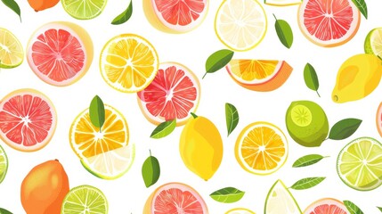 A vibrant pattern of citrus fruits, including lemons, limes, and grapefruits, set against a white background.