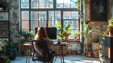 Wall Mural - A person sitting at a desk in front of a computer, working or studying