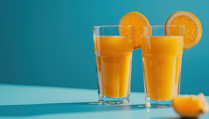 Orange juice in a two  transparent glasses. Blue background, backgrop with copy space, empty, space