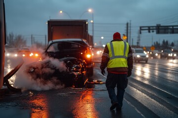 A worker in high-visibility clothing approaches a smoking, damaged car on a rainy evening as traffic flows by, capturing a moment of emergency response and dedication.