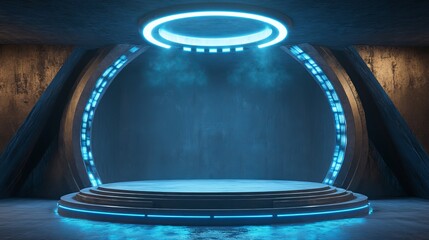 Wall Mural - Alien sci-fi empty stage with a podium in a circular concrete cement underground warehouse. The grunge background features futuristic LED blue and white glowing lights, reminiscent of a spaceship. 