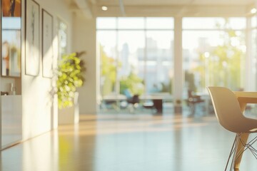 Modern bright office interior with furniture and daylight. Blurred background with generative ai